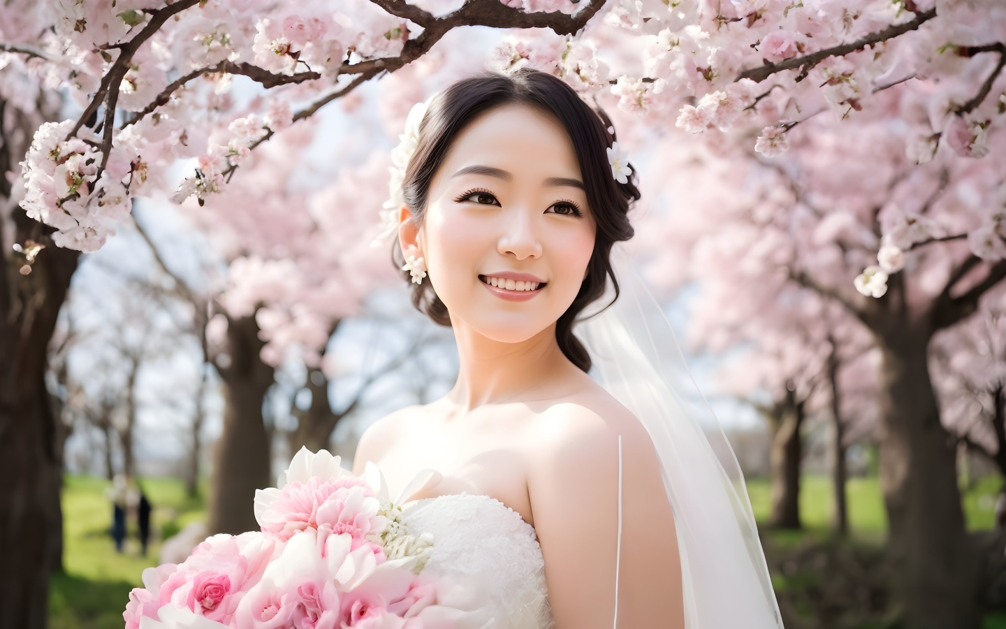 Красивая девушка азиатка в свадебном платье на фоне цветущих деревьев