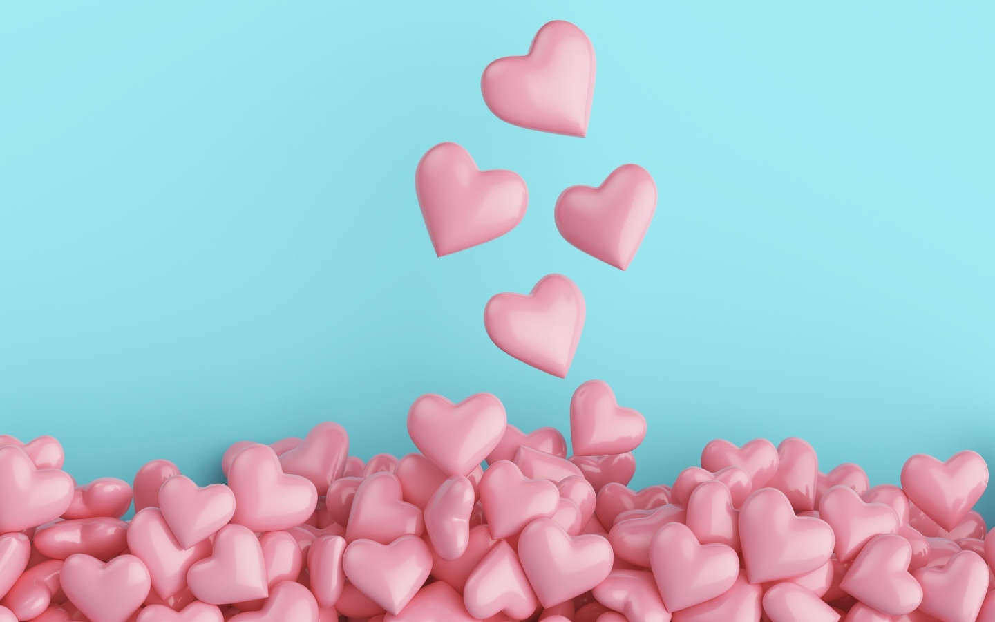 Много розовых сердечек на голубом фоне