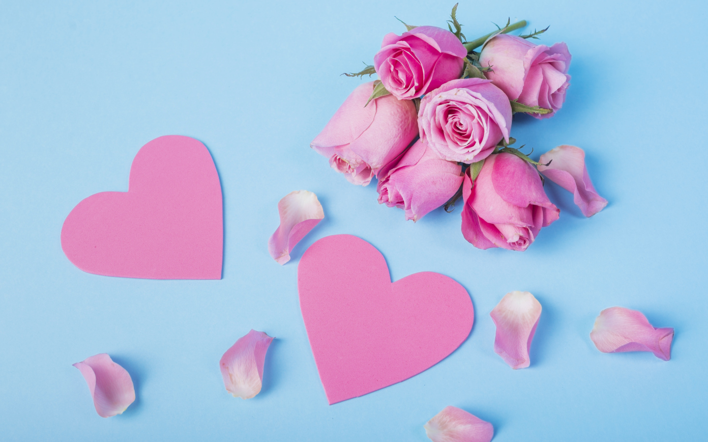 Розовые сердечки и цветы розы на голубом фоне