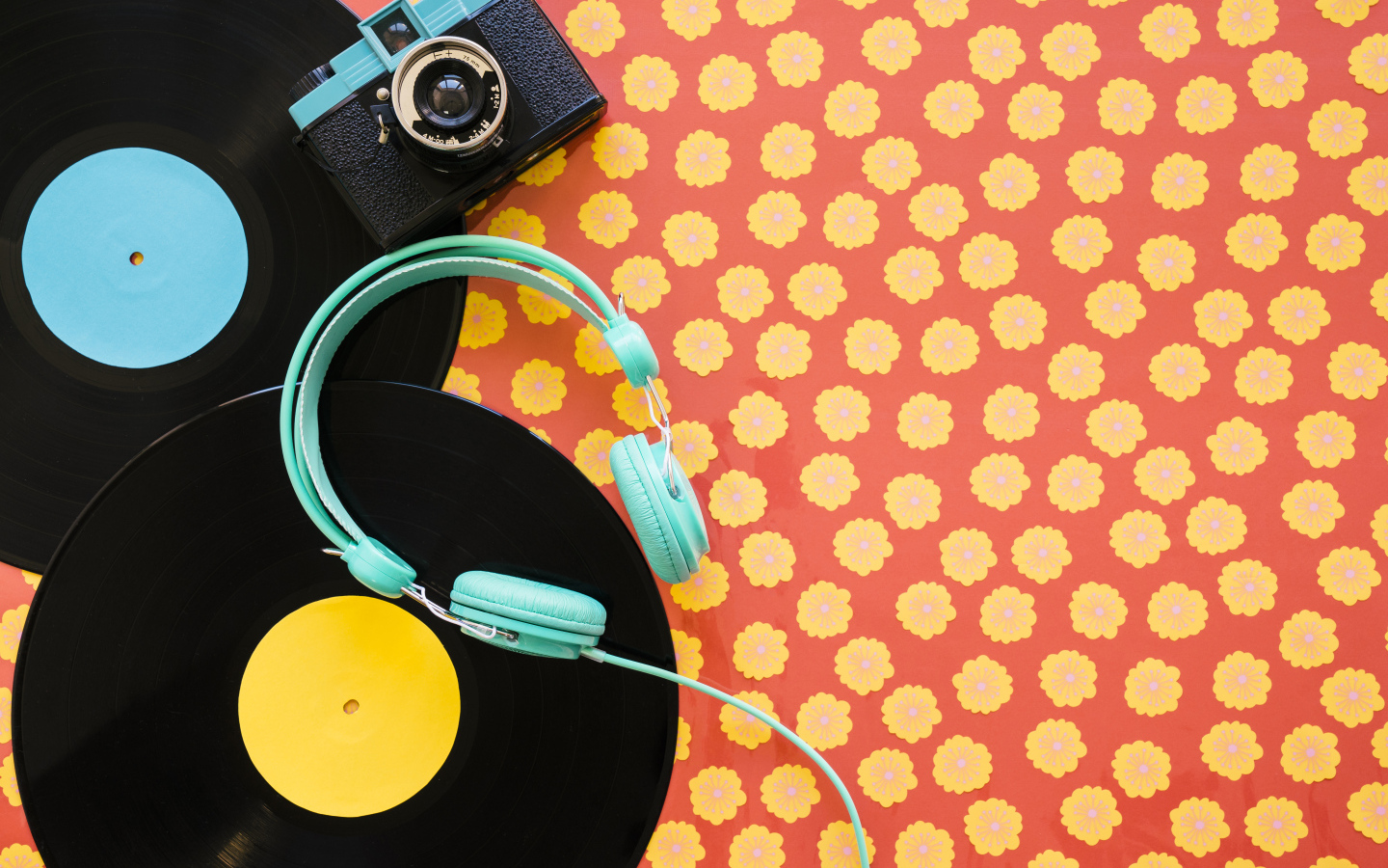 Виниловые пластинки с наушниками и фотоаппаратом