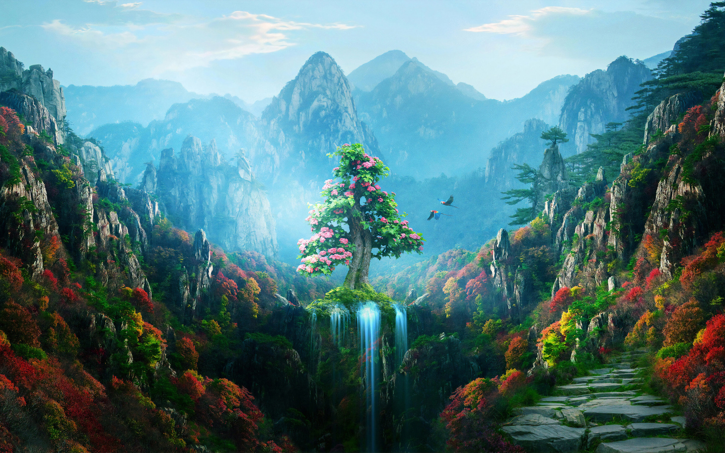 Красивый вид на фантастическое цветущее дерево в горах