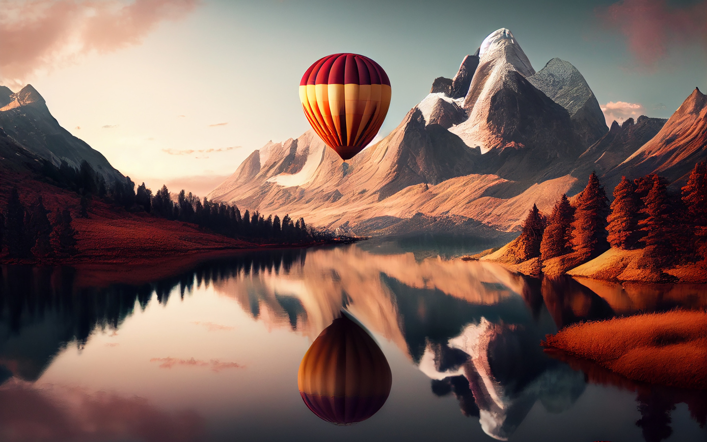 Большой воздушный шар над водой у гор 