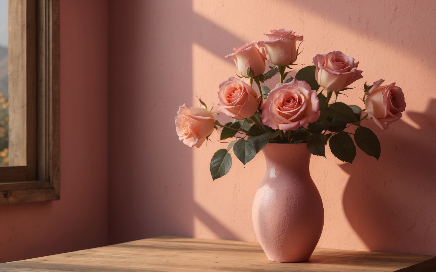 Букет нежных розовых роз в вазе у стены в лучах солнца
