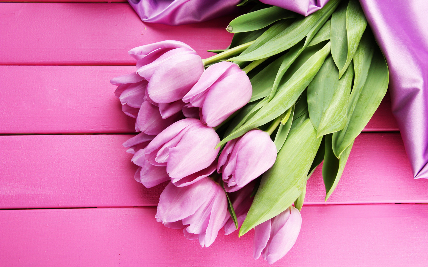 Красивый букет тюльпанов с лентой на розовом столе