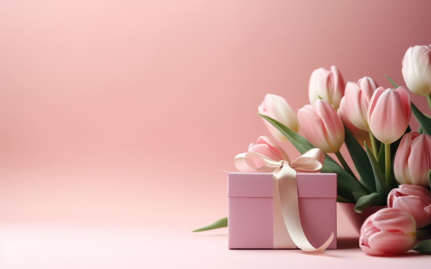 Букет тюльпанов и подарок на розовом фоне