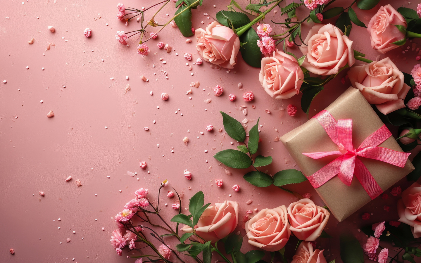Подарок с розами на розовом фоне