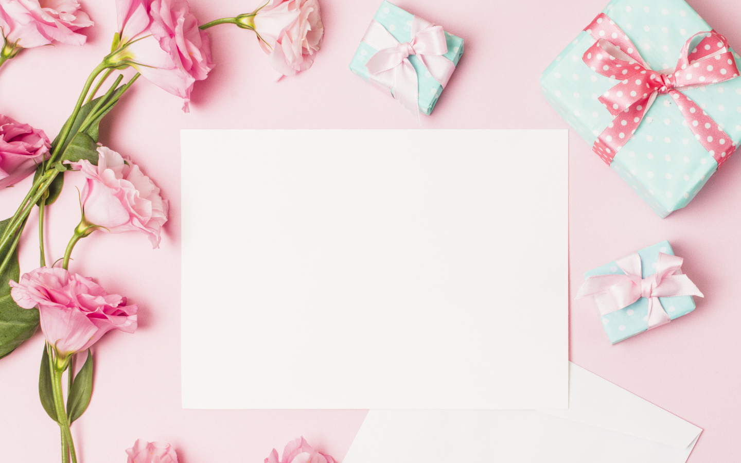 Розовые цветы эустомы с подарками и листом на розовом фоне