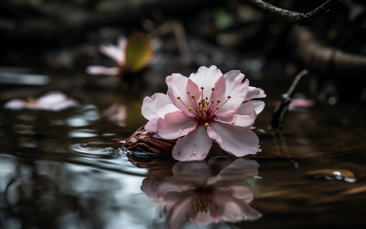 Розовый цветок плавает в пруду