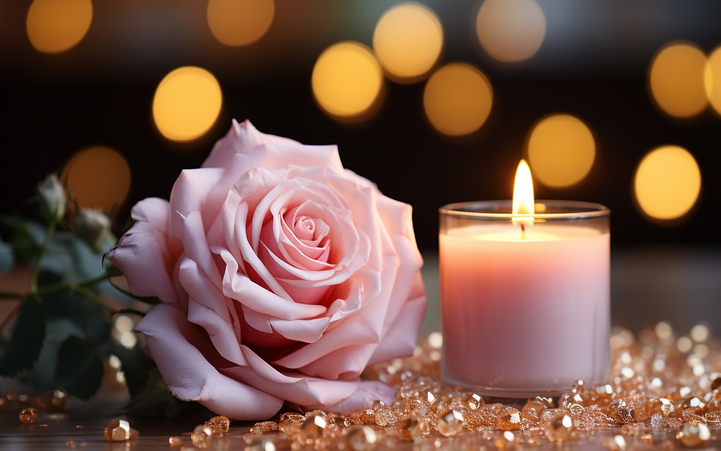 Розовая роза с зажженной свечой и камнями