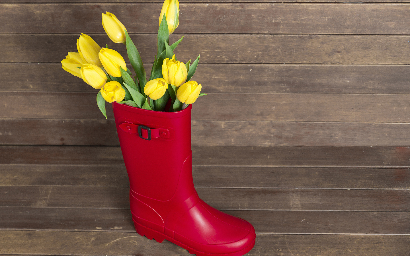 Красный сапог с желтыми тюльпанами на деревянном столе