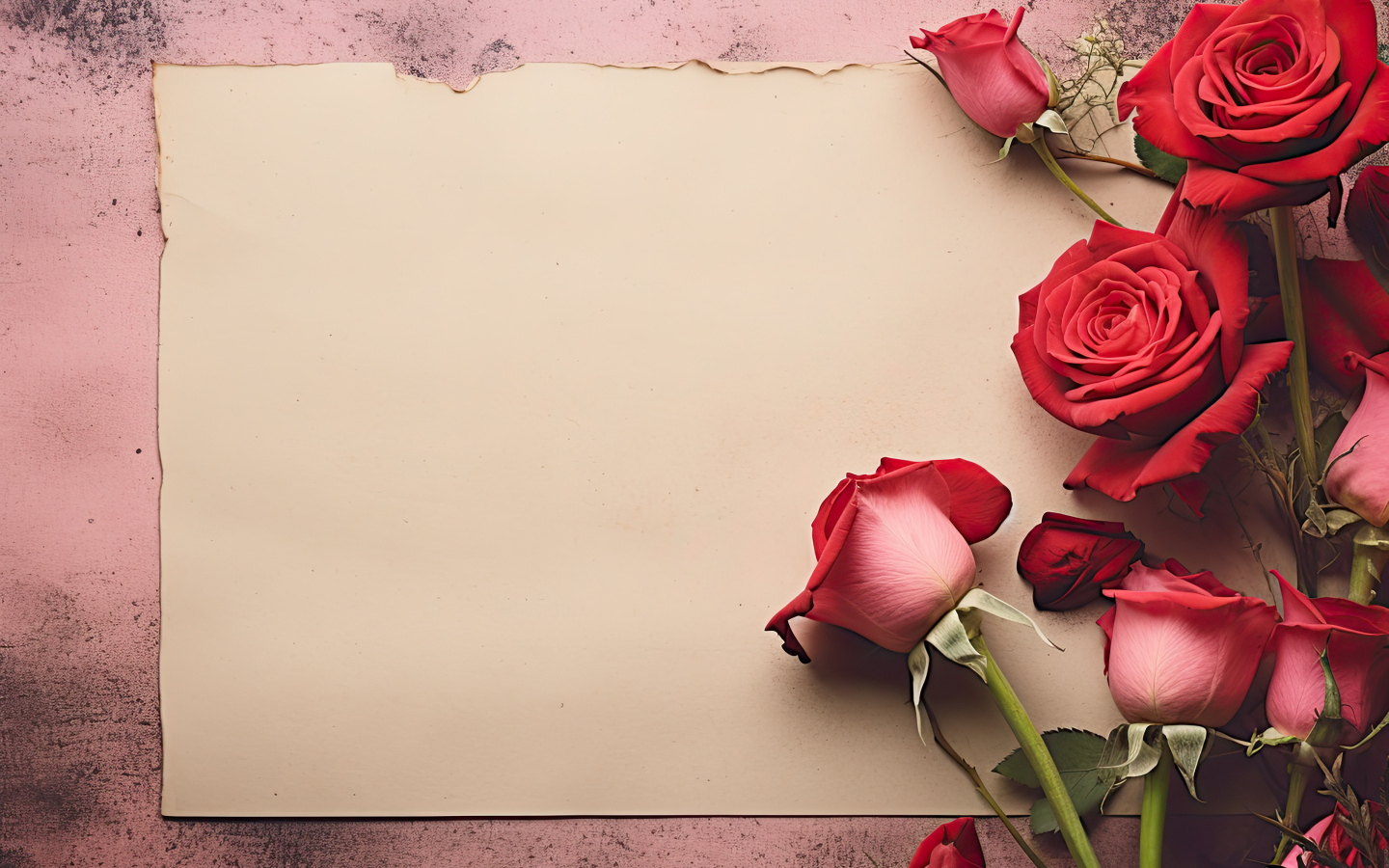 Лист бумаги  с красными розами, шаблон открытки