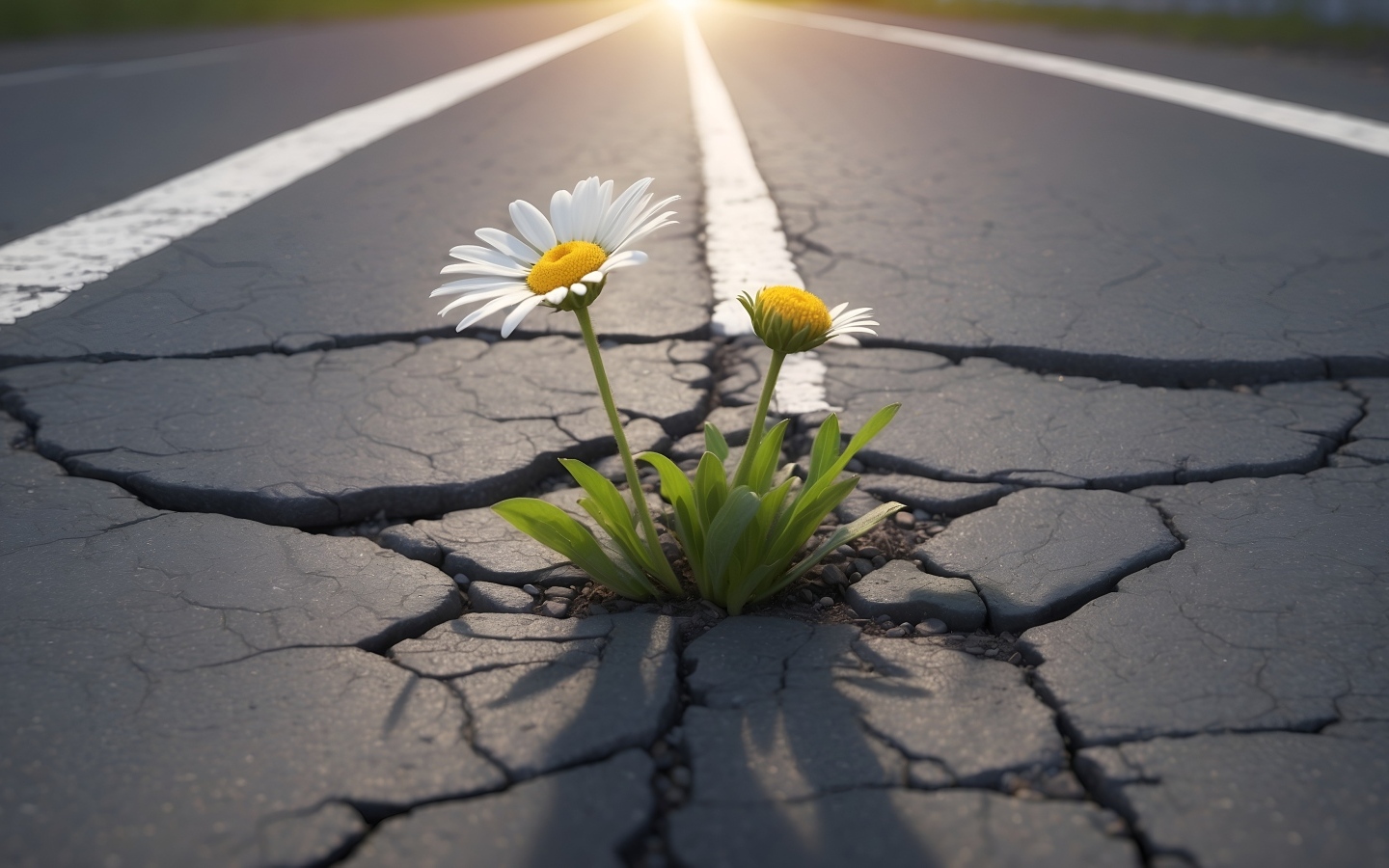 Белые цветы ромашки пробиваются на асфальте