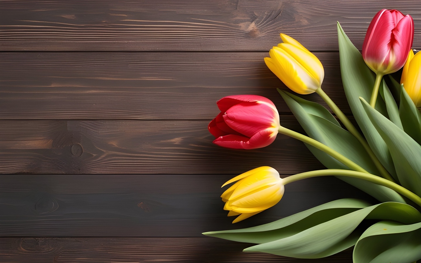 Желтые и розовые тюльпаны на деревянном столе