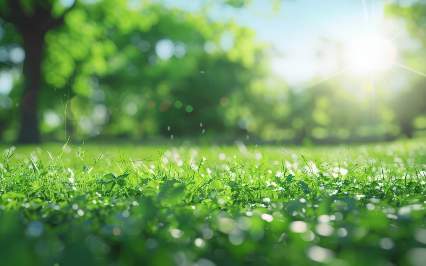 Зеленая молодая трава в лучах солнца летом