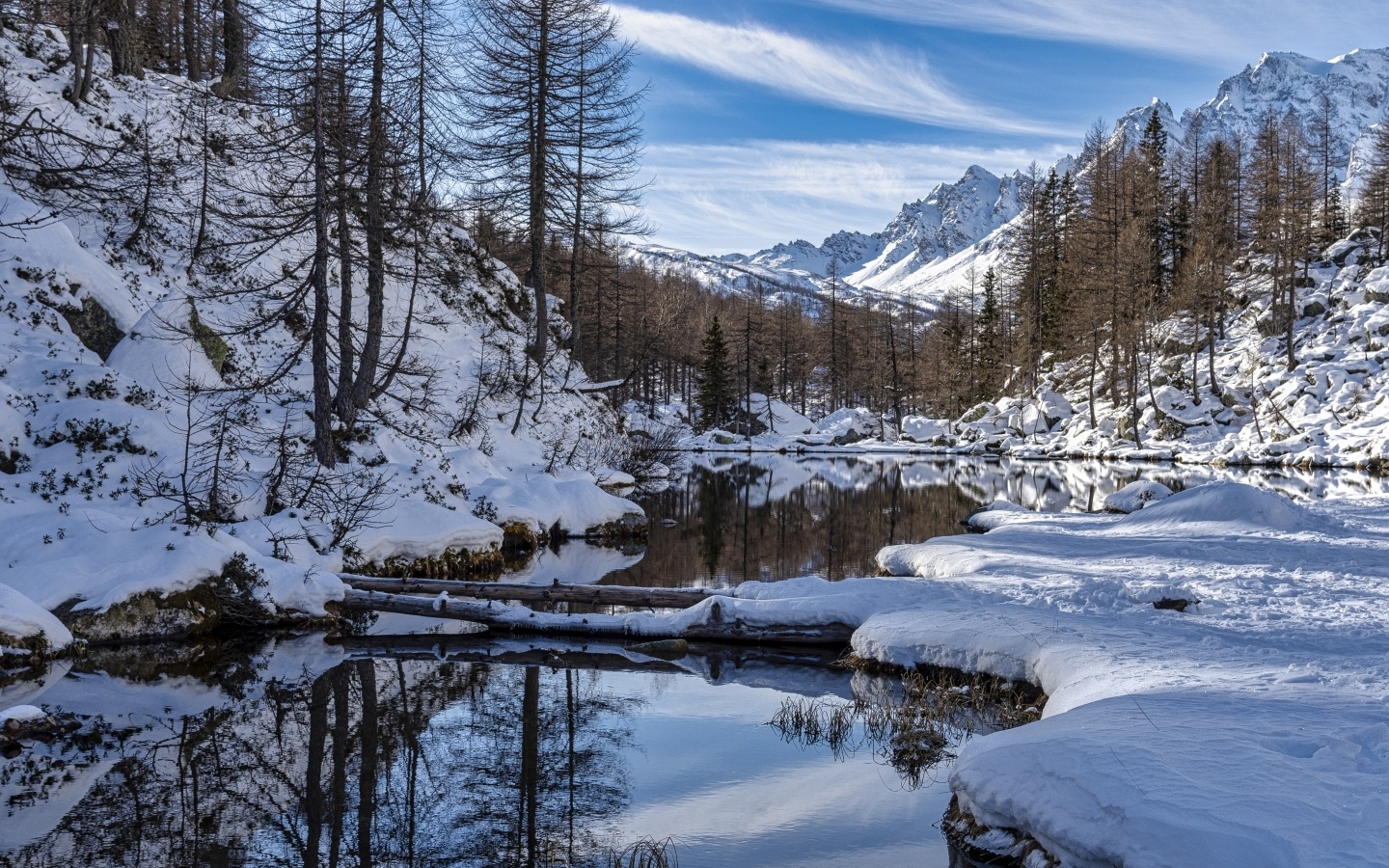 Река с покрытыми снегом берегами в горах