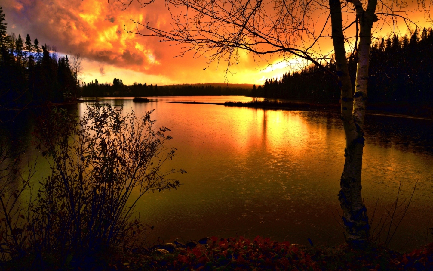 Спокойная гладь реки на закате солнца осенью 