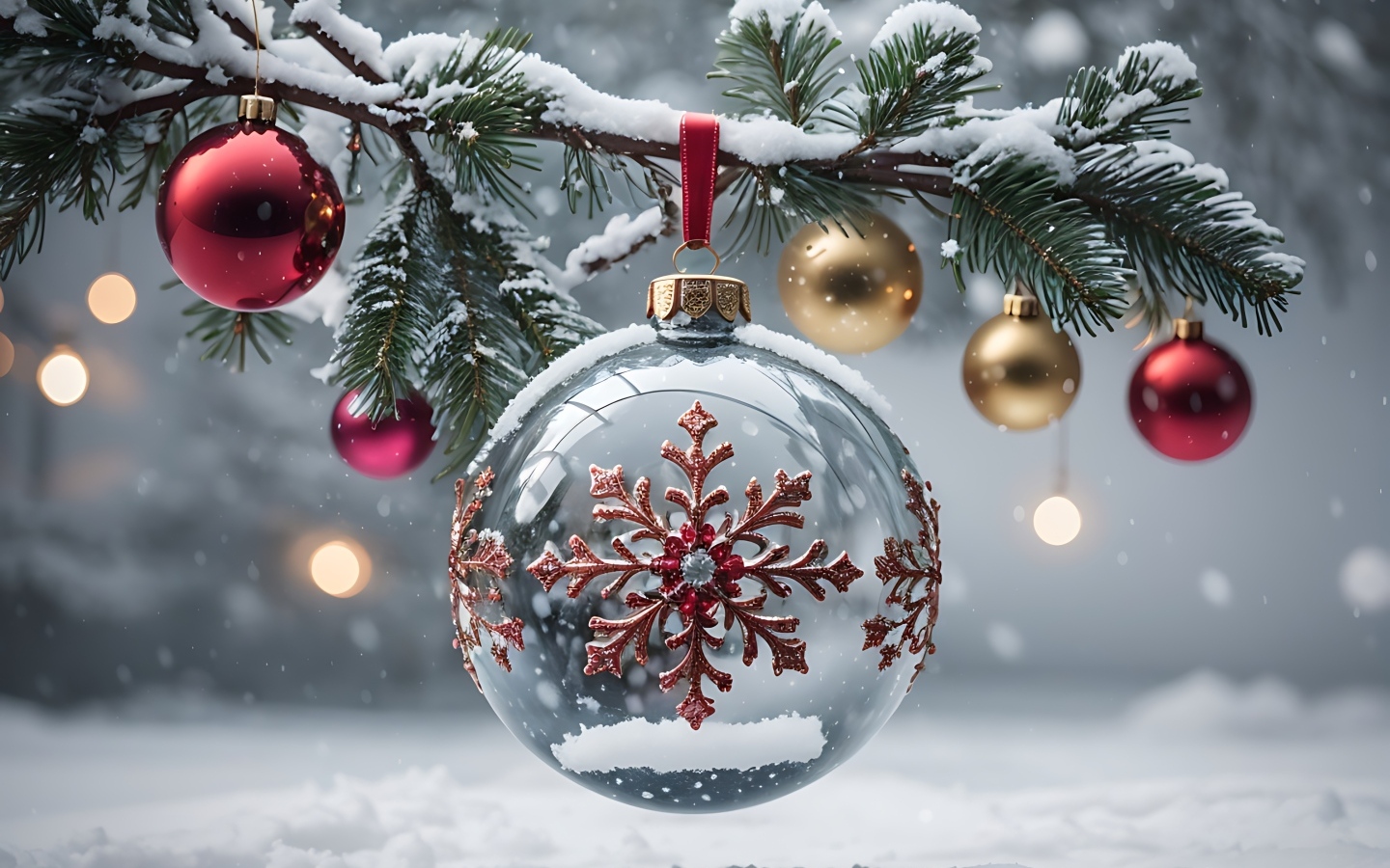 Красивый стеклянный шар со снежинкой на елке