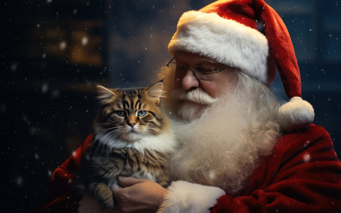 Дед мороз с красивым серым котом в руках