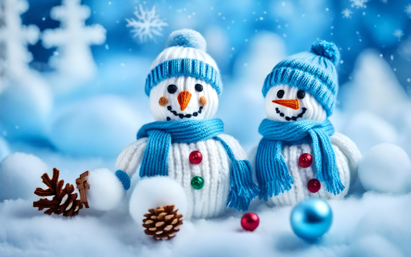 Два снеговика в шапках на снегу с шишками