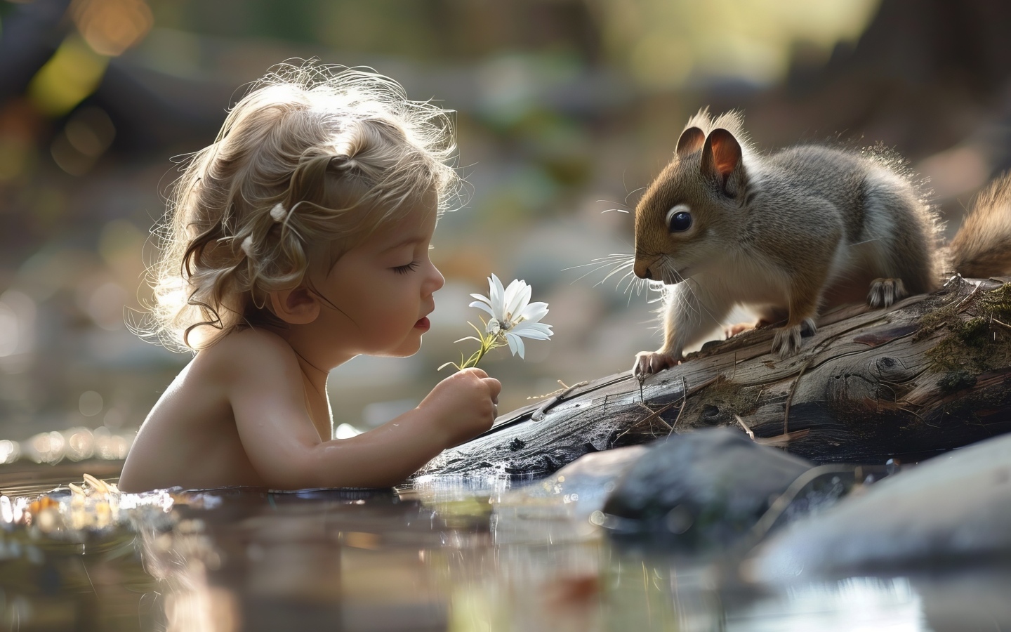 Маленькая девочка в воде с белкой