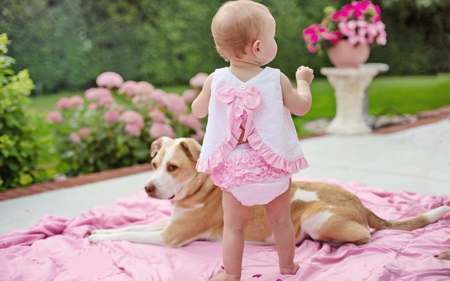 Маленькая девочка с собакой на розовом покрывале