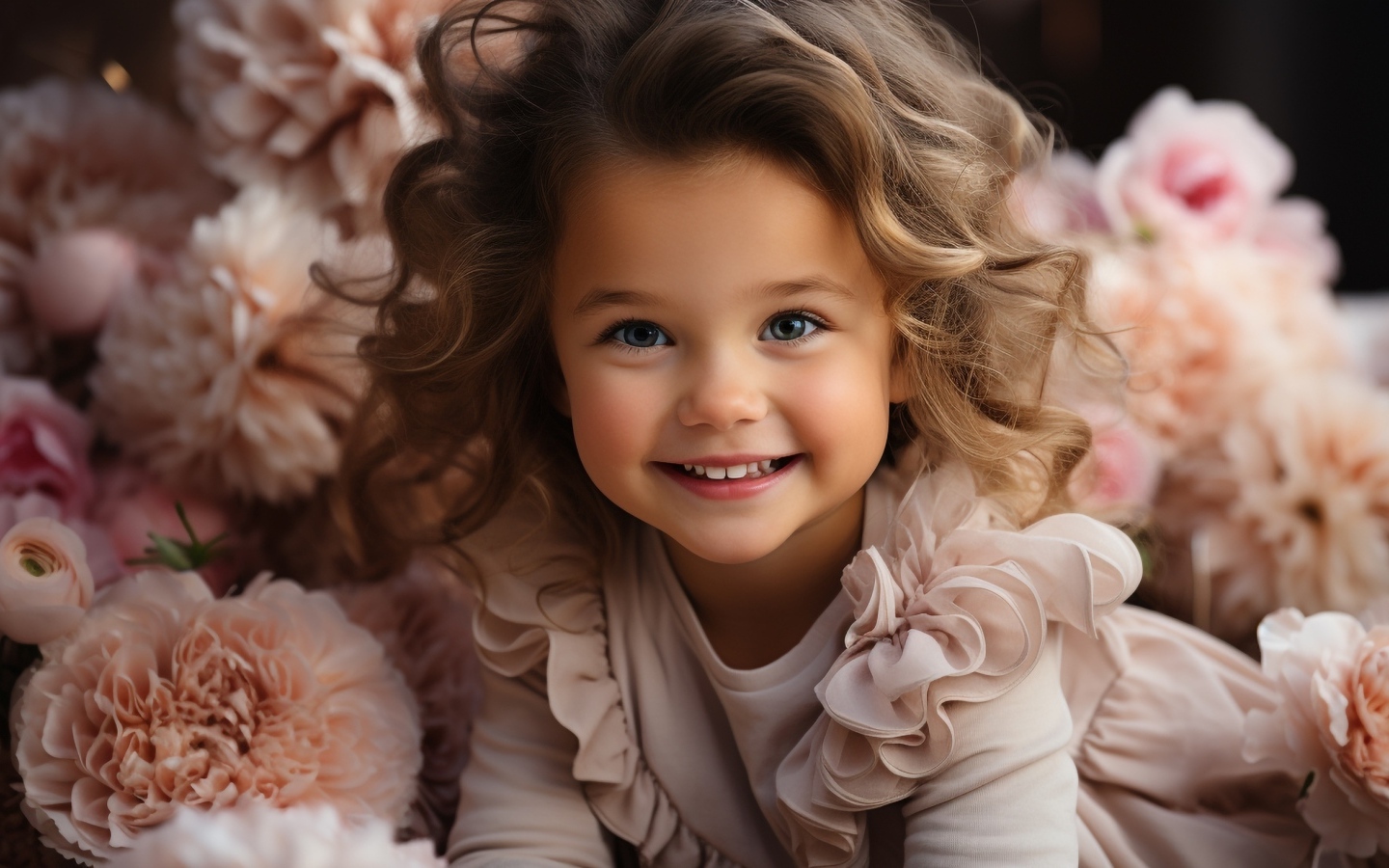 Маленькая улыбающаяся девочка в розовых цветах пиона