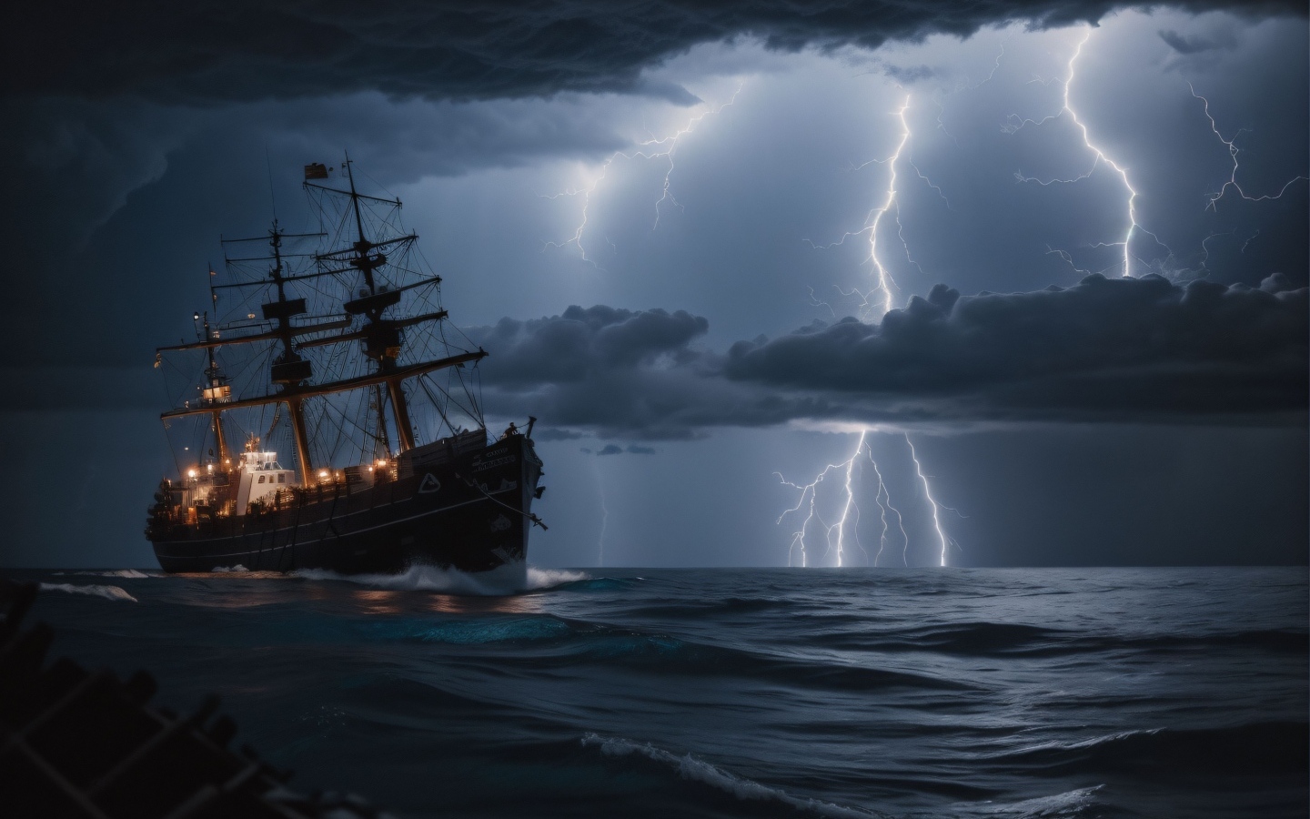 Корабль в бушующем море в шторм на фоне молнии в небе