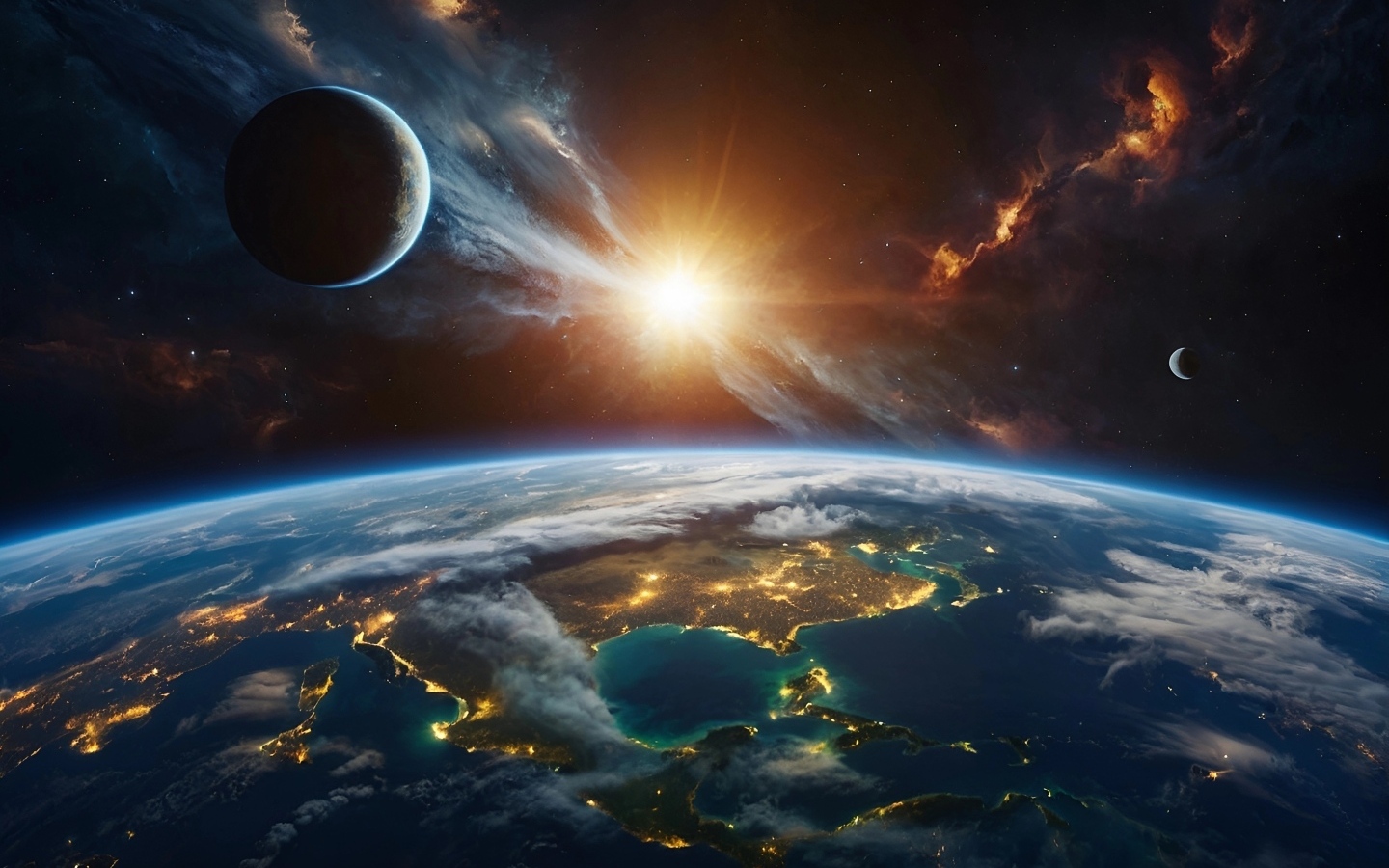Яркая вспышка в космосе над планетой Земля