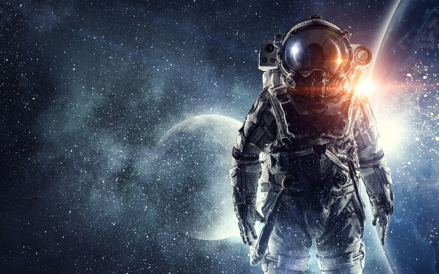 Астронавт в костюме на фоне луны