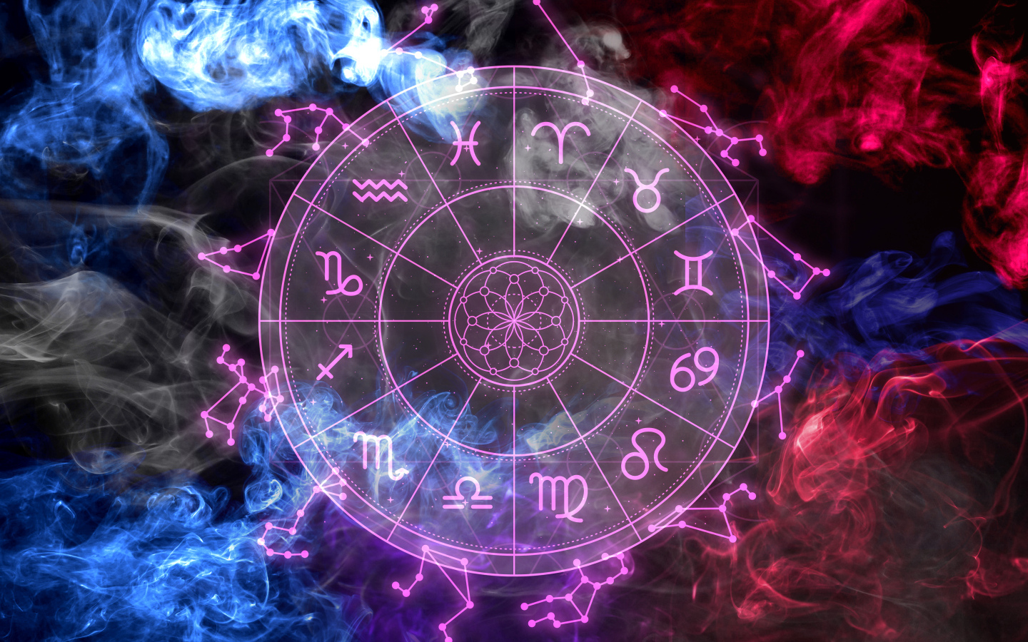 Круг со знаками зодиака на фоне разноцветного дыма