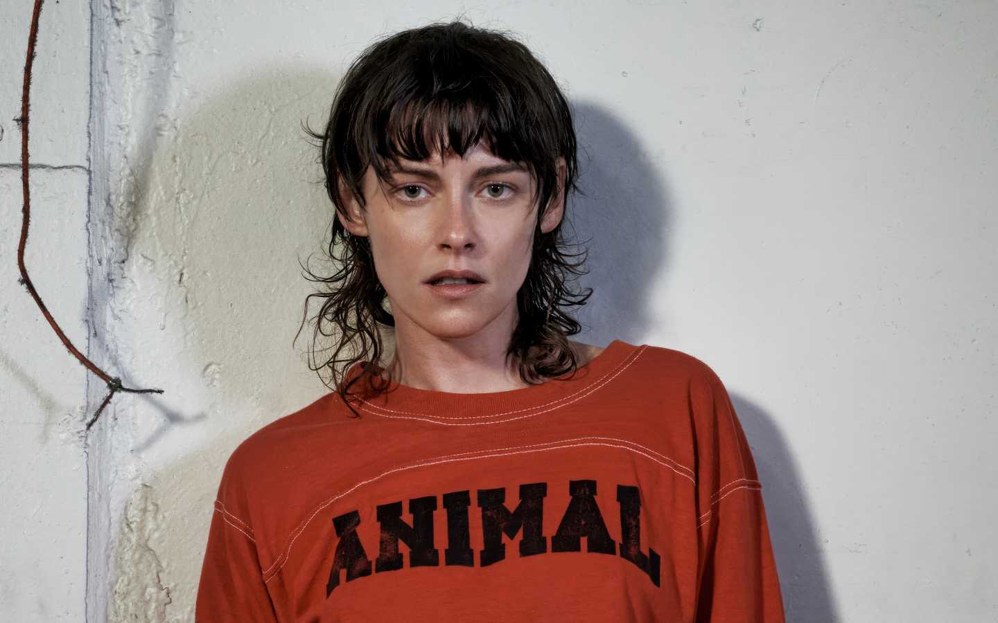 Актриса Кристен Стюарт стоит у серой стены