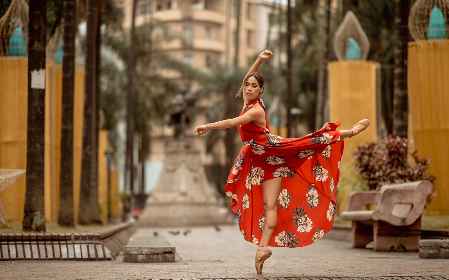 Балерина в красивом платье танцует
