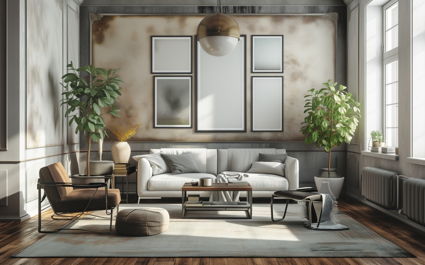 Большой серый диван в комнате с картиной на стене