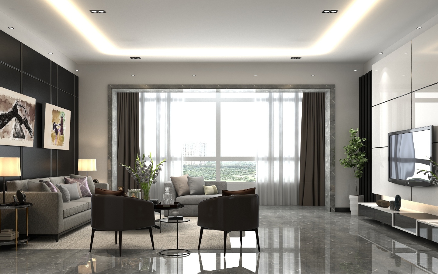 Большое окно в комнате с телевизором и мебелью 