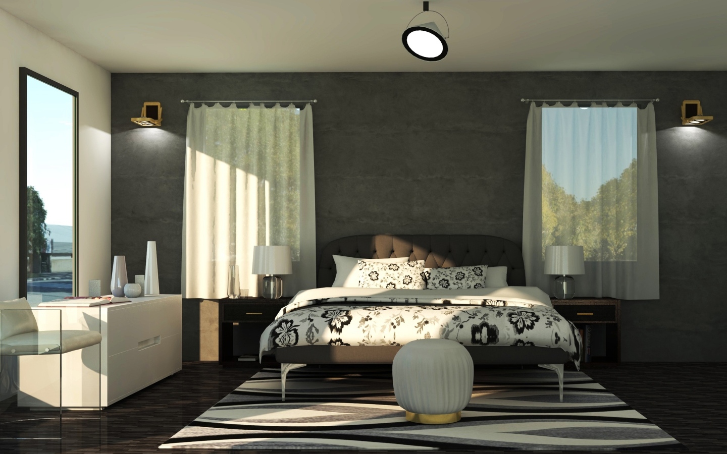 Комната с большой кроватью и окнами