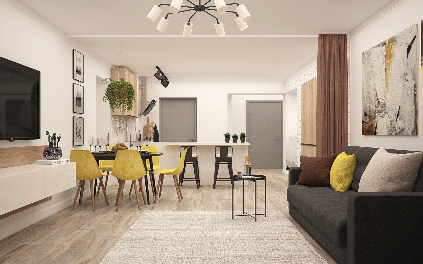 Просторная гостиная совмещена с кухней