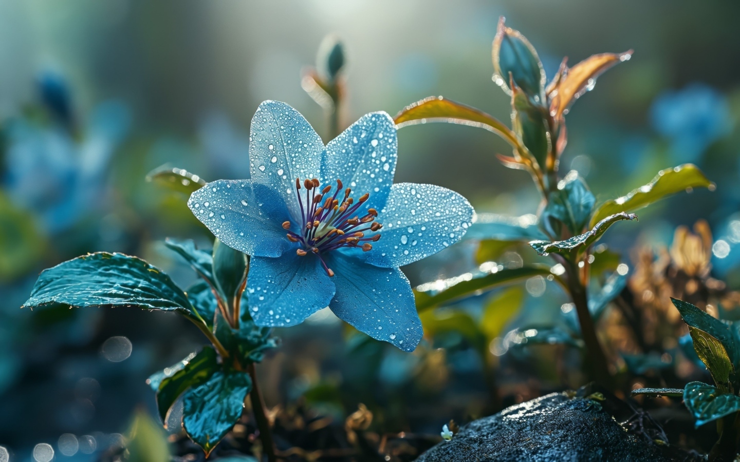 Синий цветок с бутонами в каплях росы