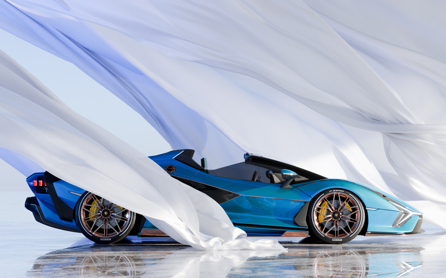 Голубой автомобиль Lamborghini Sián Roadster  с белой тканью