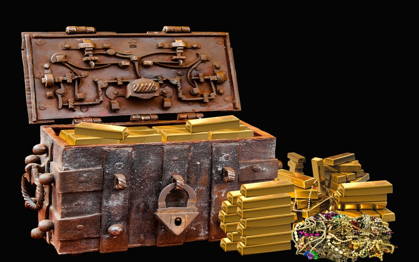 Старый железный сундук с золотом и украшениями
