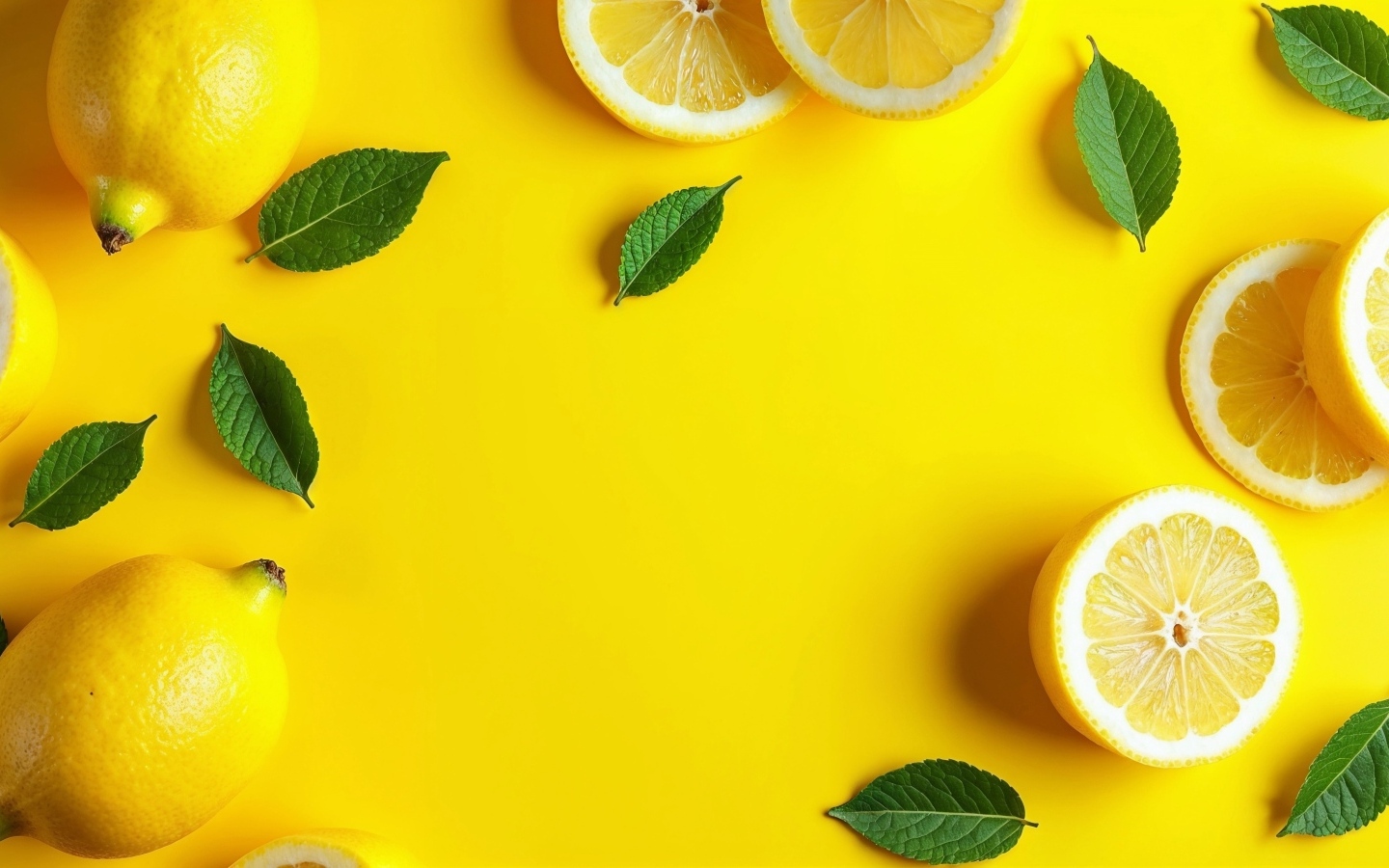 Яркий желтый фон с лимонами и зелеными листьями