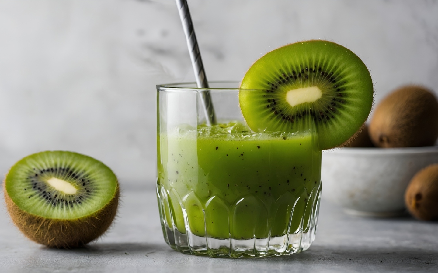 Стакан сока киви на столе с фруктами