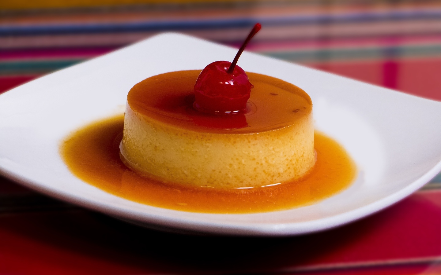 Десерт с сиропом и черешней на белой тарелке