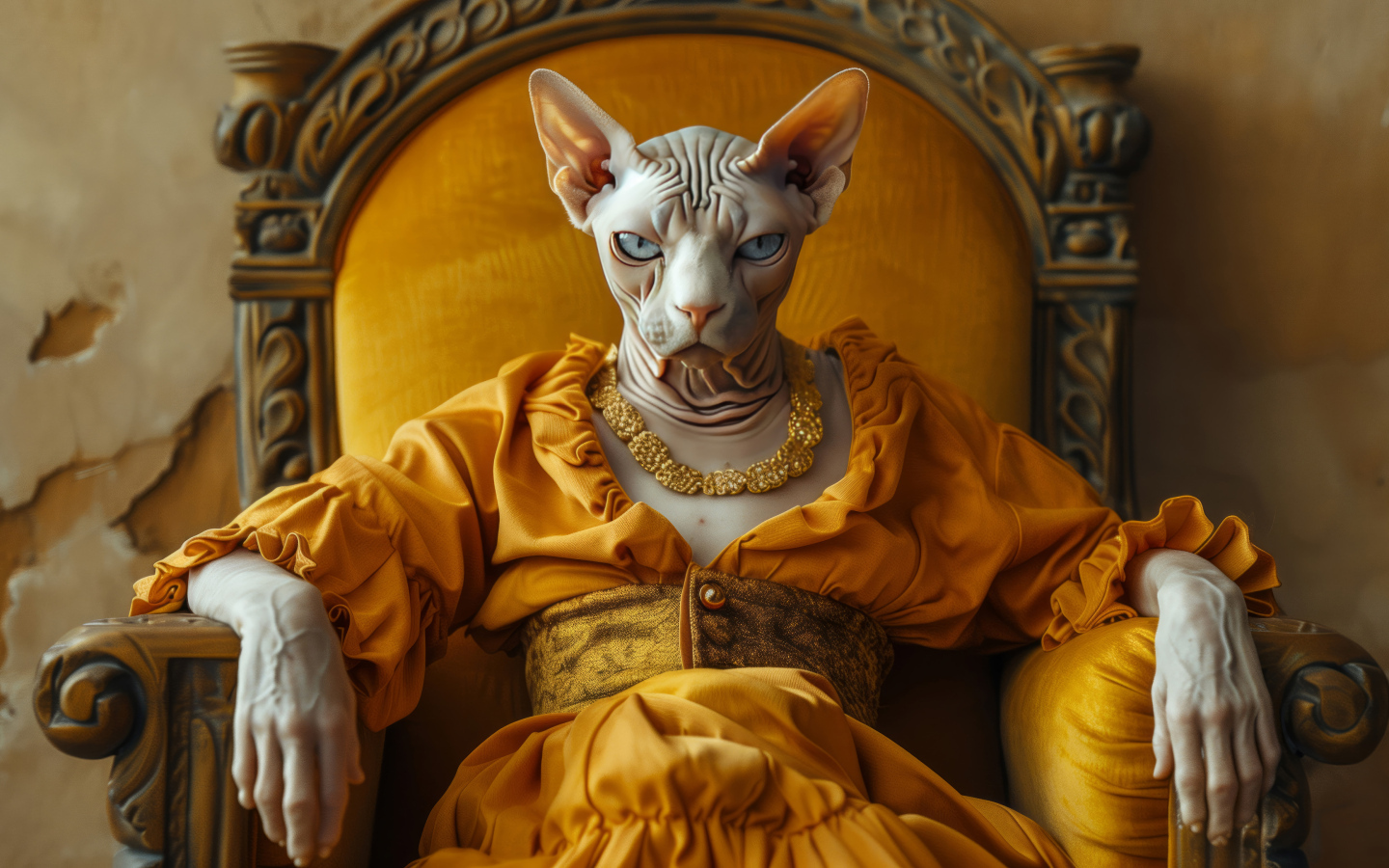 Кот породы сфинкс в платье сидит в кресле