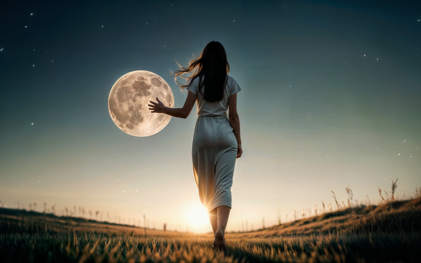 Девушка трогает луну рукой