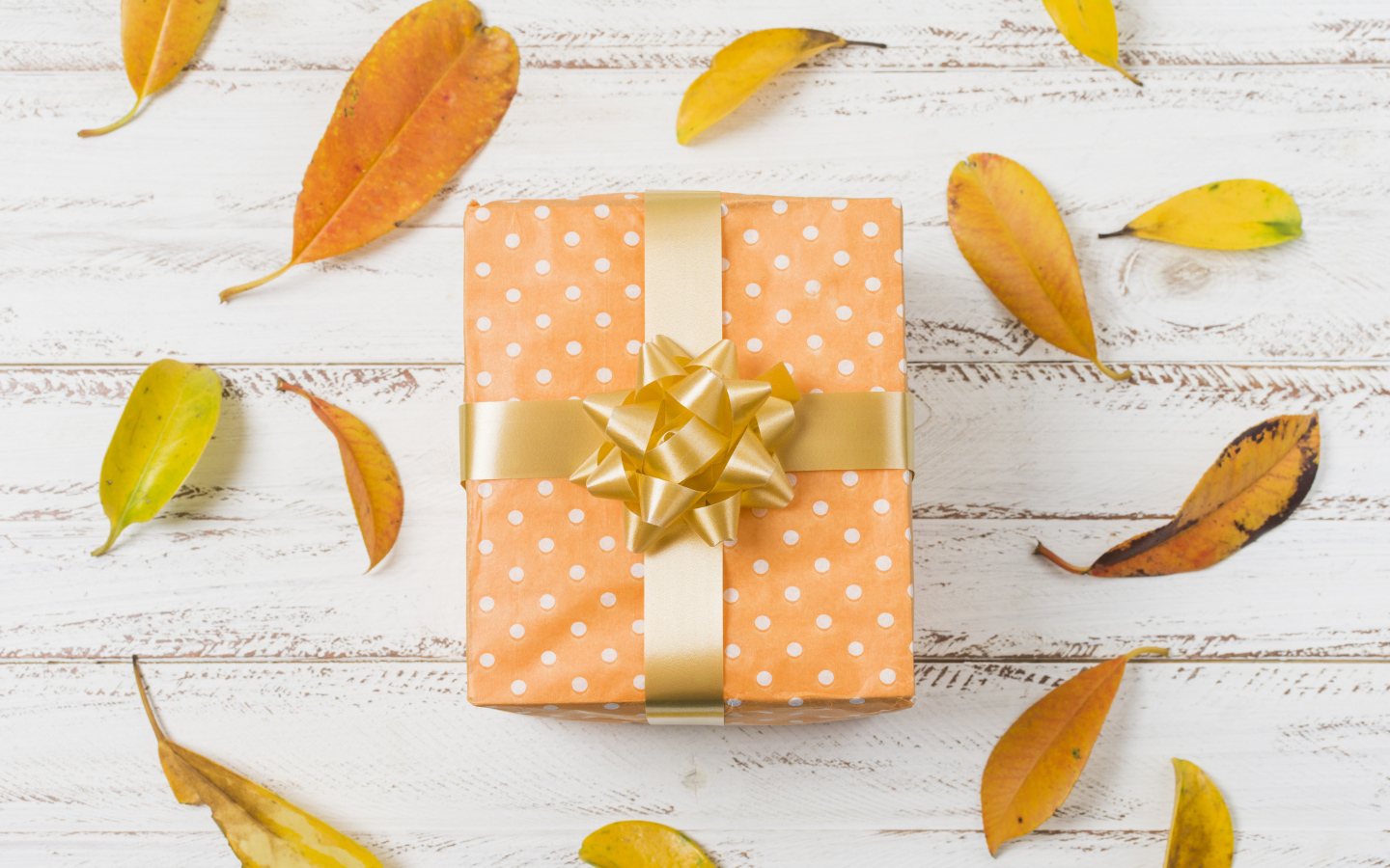 Подарок с желтыми листьями на белом фоне