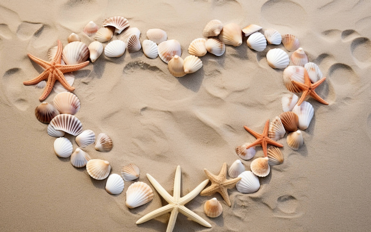Сердце из ракушек и морских звезд на песке