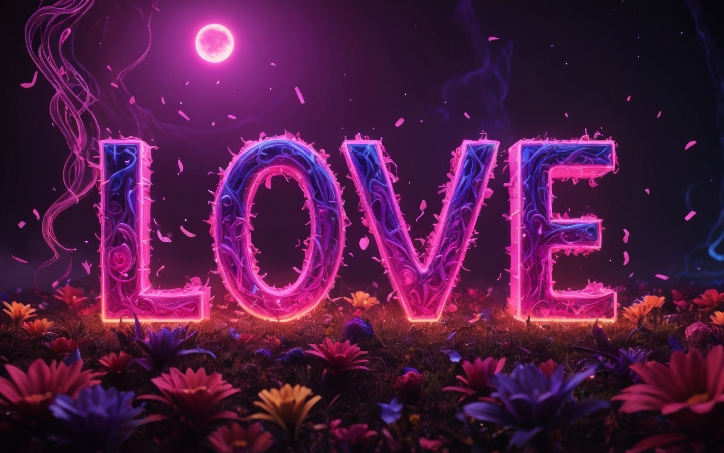 Надпись любовь в свете луны с волшебными цветами