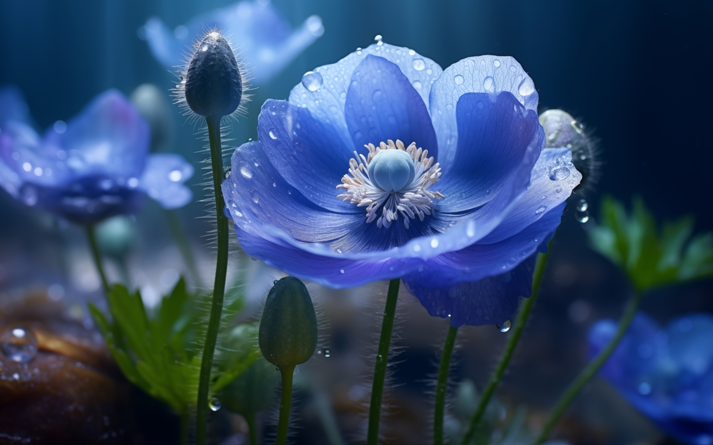 Красивый синий цветок мака с бутонами в каплях воды