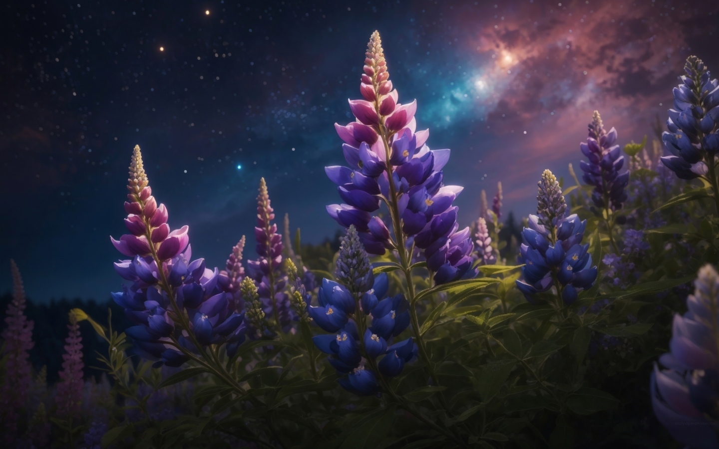 Цветы люпина под красивым ночным небом