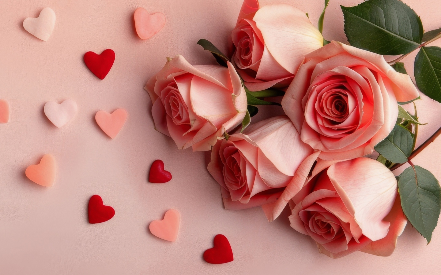 Розовые розы с маленькими сердечками на розовом фоне